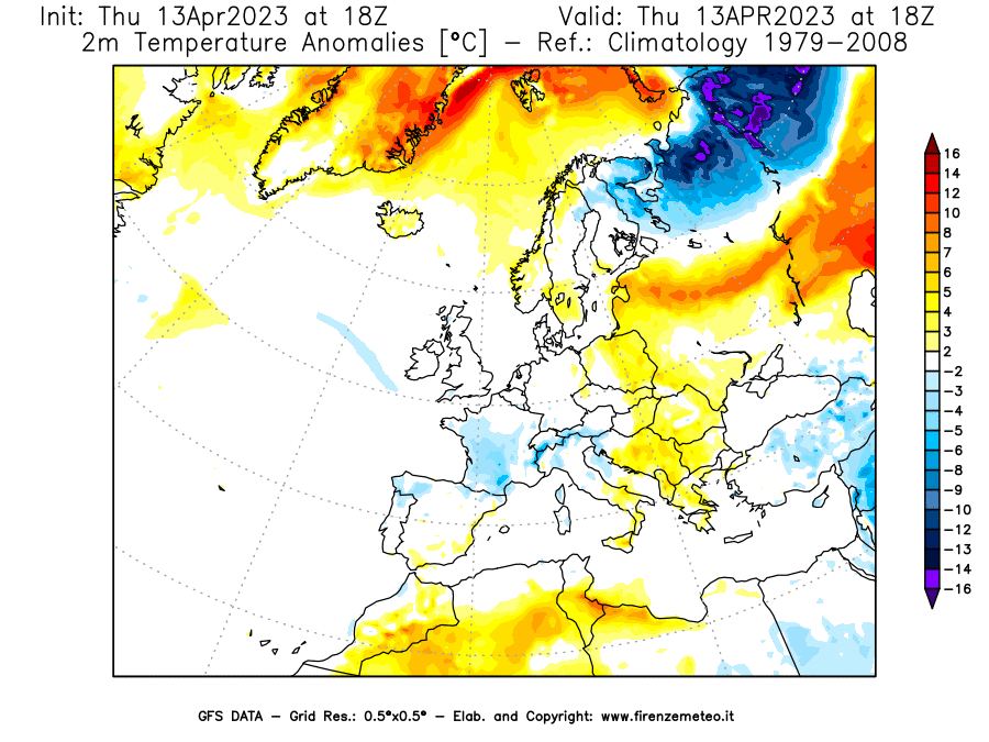 GFS analysi map - Temperature Anomalies [°C] at 2 m in Europe
									on 13/04/2023 18 <!--googleoff: index-->UTC<!--googleon: index-->