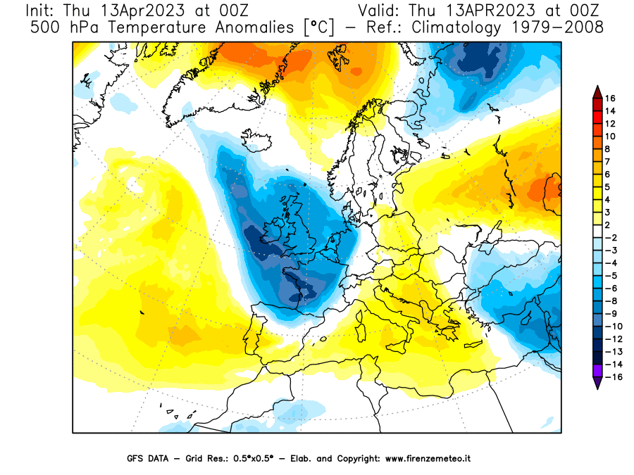Mappa di analisi GFS - Anomalia Temperatura [°C] a 500 hPa in Europa
							del 13/04/2023 00 <!--googleoff: index-->UTC<!--googleon: index-->