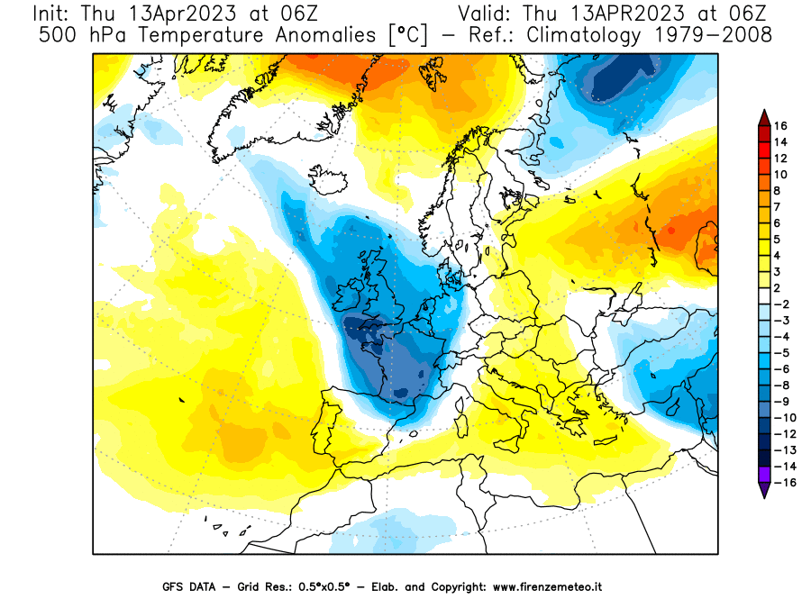 GFS analysi map - Temperature Anomalies [°C] at 500 hPa in Europe
									on 13/04/2023 06 <!--googleoff: index-->UTC<!--googleon: index-->