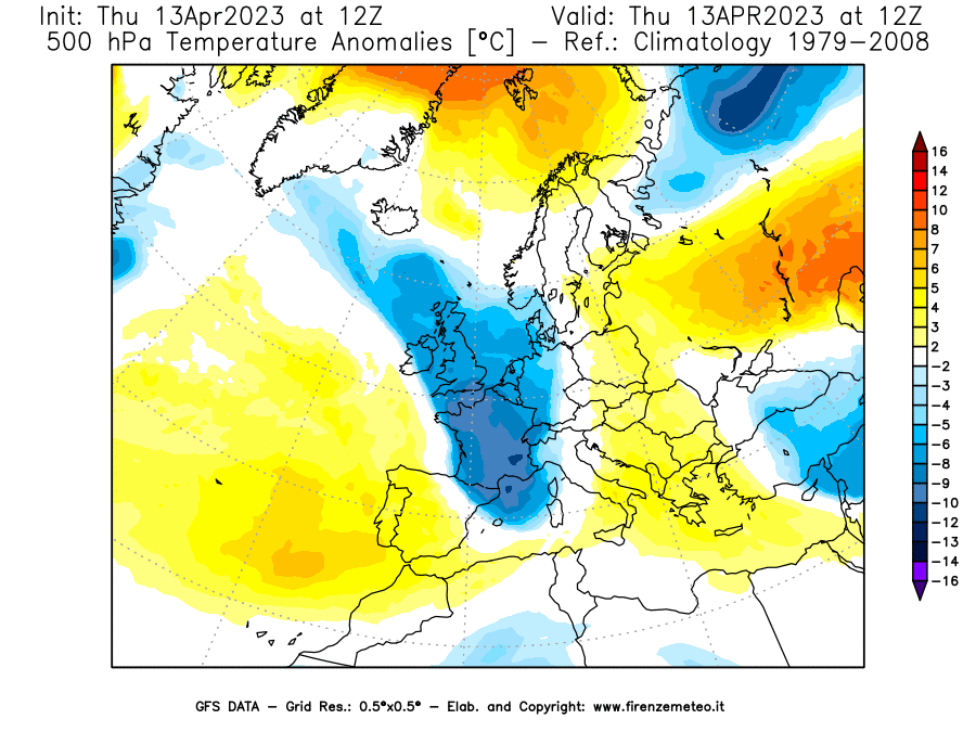 Mappa di analisi GFS - Anomalia Temperatura [°C] a 500 hPa in Europa
							del 13/04/2023 12 <!--googleoff: index-->UTC<!--googleon: index-->