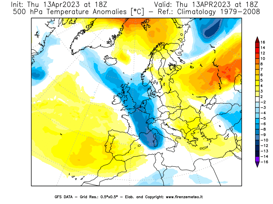Mappa di analisi GFS - Anomalia Temperatura [°C] a 500 hPa in Europa
							del 13/04/2023 18 <!--googleoff: index-->UTC<!--googleon: index-->