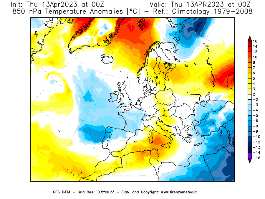 GFS analysi map - Temperature Anomalies [°C] at 850 hPa in Europe
									on 13/04/2023 00 <!--googleoff: index-->UTC<!--googleon: index-->