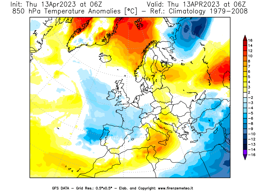 GFS analysi map - Temperature Anomalies [°C] at 850 hPa in Europe
									on 13/04/2023 06 <!--googleoff: index-->UTC<!--googleon: index-->