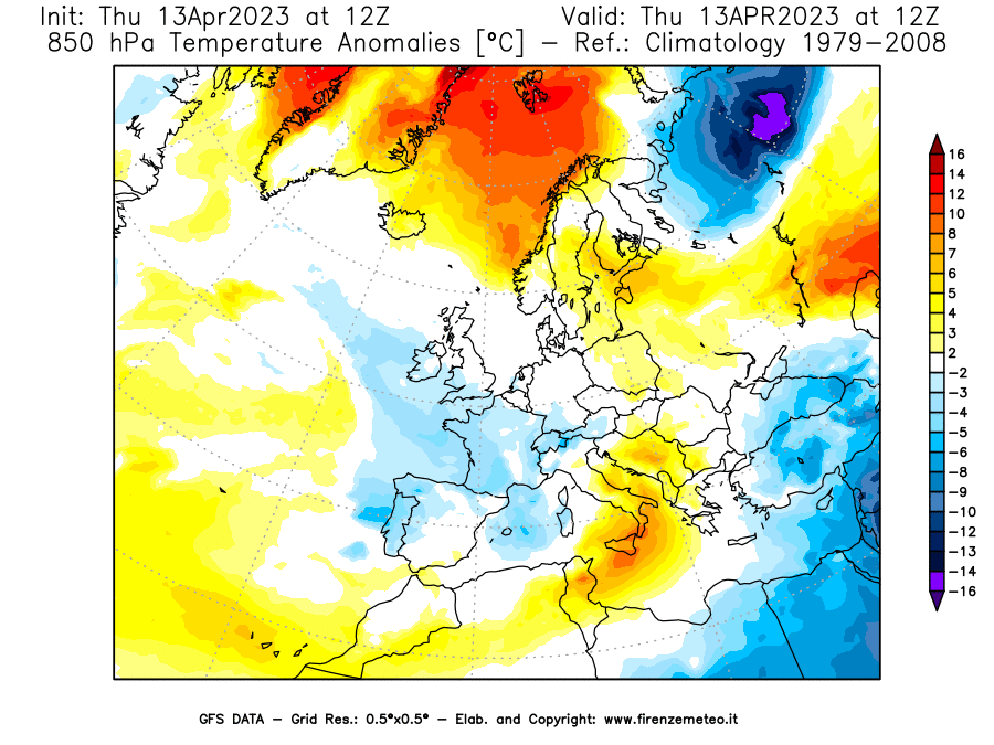 GFS analysi map - Temperature Anomalies [°C] at 850 hPa in Europe
									on 13/04/2023 12 <!--googleoff: index-->UTC<!--googleon: index-->