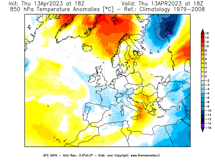 GFS analysi map - Temperature Anomalies [°C] at 850 hPa in Europe
									on 13/04/2023 18 <!--googleoff: index-->UTC<!--googleon: index-->