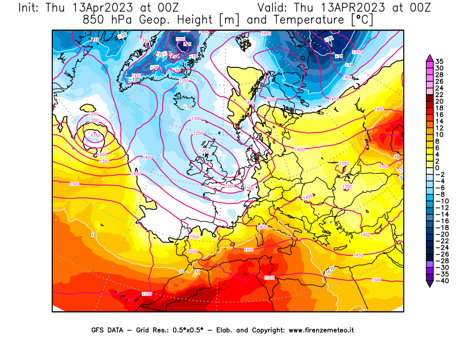 GFS analysi map - Geopotential [m] and Temperature [°C] at 850 hPa in Europe
									on 13/04/2023 00 <!--googleoff: index-->UTC<!--googleon: index-->