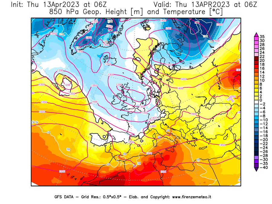 GFS analysi map - Geopotential [m] and Temperature [°C] at 850 hPa in Europe
									on 13/04/2023 06 <!--googleoff: index-->UTC<!--googleon: index-->