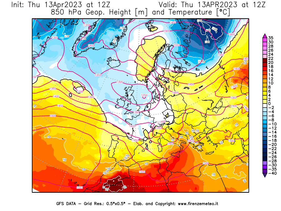 Mappa di analisi GFS - Geopotenziale [m] e Temperatura [°C] a 850 hPa in Europa
							del 13/04/2023 12 <!--googleoff: index-->UTC<!--googleon: index-->