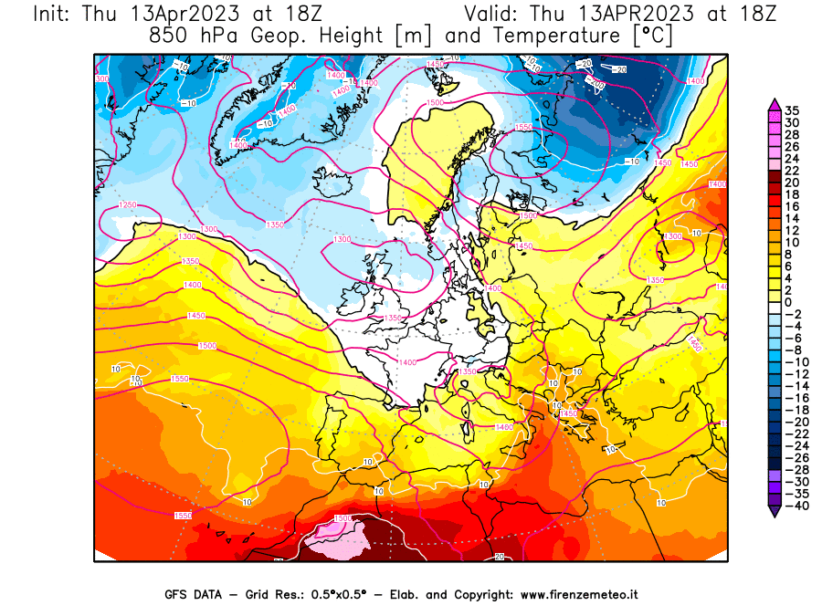 Mappa di analisi GFS - Geopotenziale [m] e Temperatura [°C] a 850 hPa in Europa
							del 13/04/2023 18 <!--googleoff: index-->UTC<!--googleon: index-->