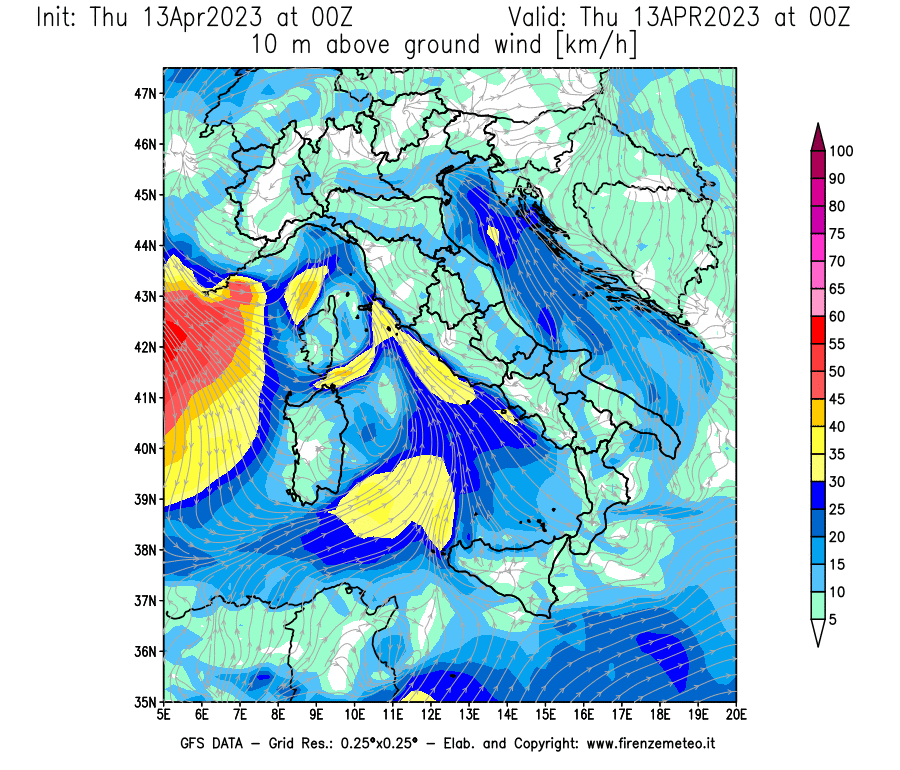 GFS analysi map - Wind Speed at 10 m above ground [km/h] in Italy
									on 13/04/2023 00 <!--googleoff: index-->UTC<!--googleon: index-->