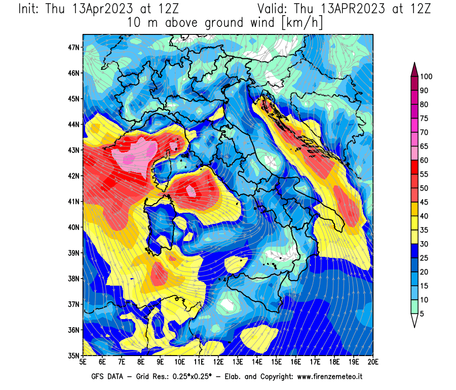 GFS analysi map - Wind Speed at 10 m above ground [km/h] in Italy
									on 13/04/2023 12 <!--googleoff: index-->UTC<!--googleon: index-->