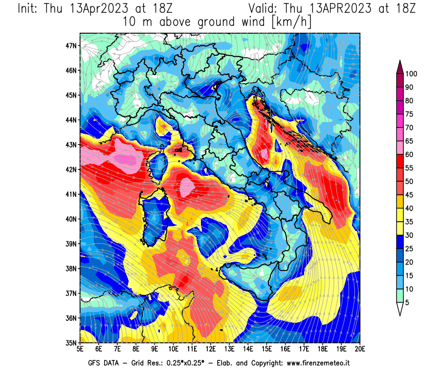 GFS analysi map - Wind Speed at 10 m above ground [km/h] in Italy
									on 13/04/2023 18 <!--googleoff: index-->UTC<!--googleon: index-->