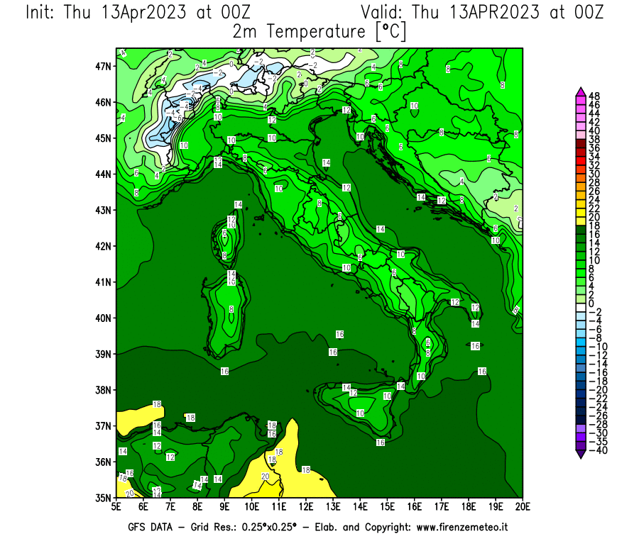 Mappa di analisi GFS - Temperatura a 2 metri dal suolo [°C] in Italia
							del 13/04/2023 00 <!--googleoff: index-->UTC<!--googleon: index-->