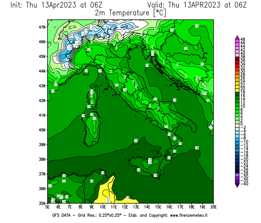 GFS analysi map - Temperature at 2 m above ground [°C] in Italy
									on 13/04/2023 06 <!--googleoff: index-->UTC<!--googleon: index-->