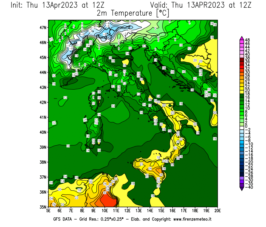GFS analysi map - Temperature at 2 m above ground [°C] in Italy
									on 13/04/2023 12 <!--googleoff: index-->UTC<!--googleon: index-->