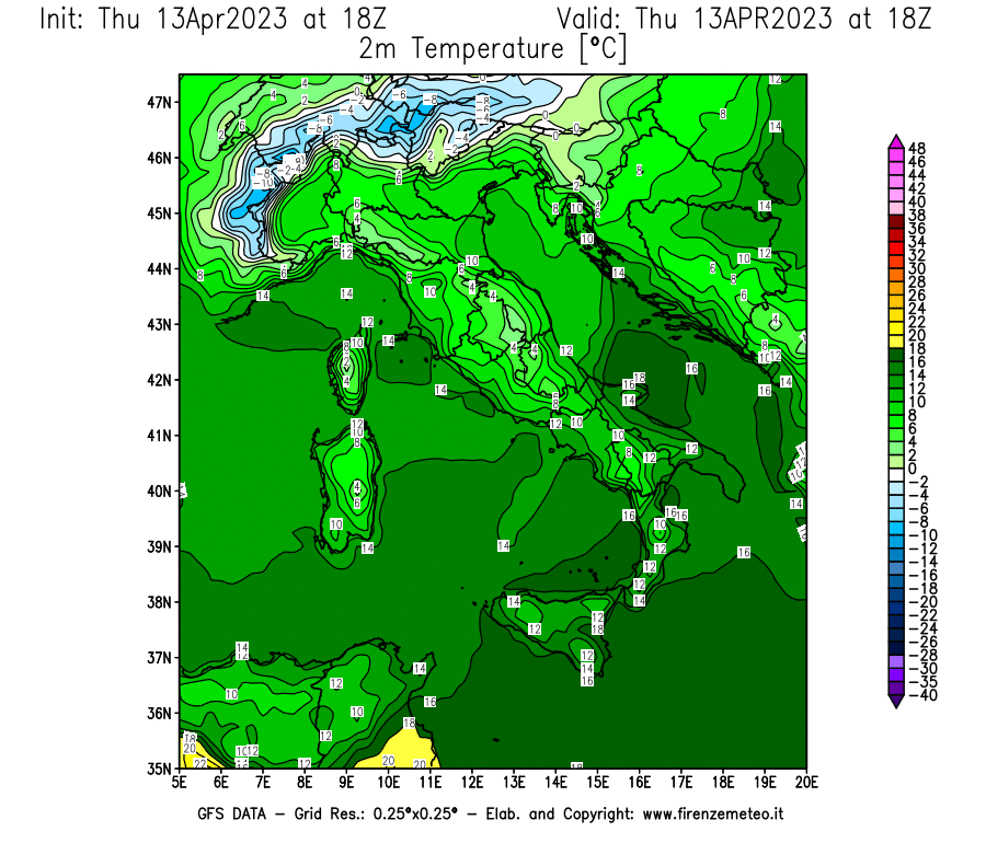 GFS analysi map - Temperature at 2 m above ground [°C] in Italy
									on 13/04/2023 18 <!--googleoff: index-->UTC<!--googleon: index-->