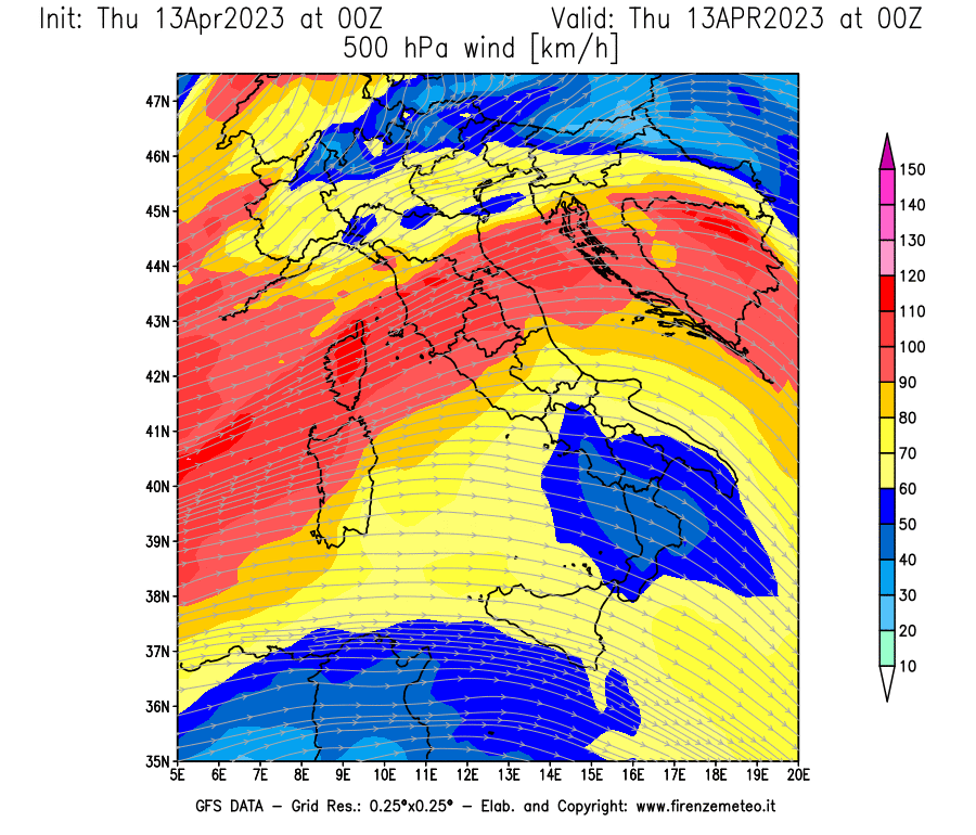 Mappa di analisi GFS - Velocità del vento a 500 hPa [km/h] in Italia
							del 13/04/2023 00 <!--googleoff: index-->UTC<!--googleon: index-->