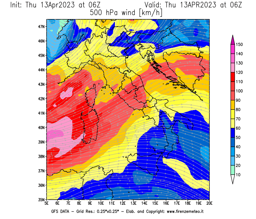 Mappa di analisi GFS - Velocità del vento a 500 hPa [km/h] in Italia
							del 13/04/2023 06 <!--googleoff: index-->UTC<!--googleon: index-->