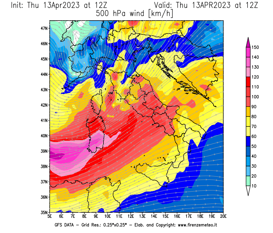 Mappa di analisi GFS - Velocità del vento a 500 hPa [km/h] in Italia
							del 13/04/2023 12 <!--googleoff: index-->UTC<!--googleon: index-->