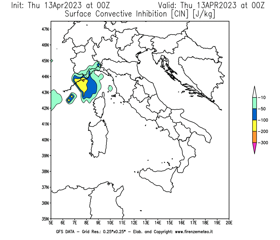 Mappa di analisi GFS - CIN [J/kg] in Italia
							del 13/04/2023 00 <!--googleoff: index-->UTC<!--googleon: index-->