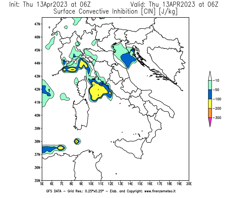 GFS analysi map - CIN [J/kg] in Italy
									on 13/04/2023 06 <!--googleoff: index-->UTC<!--googleon: index-->