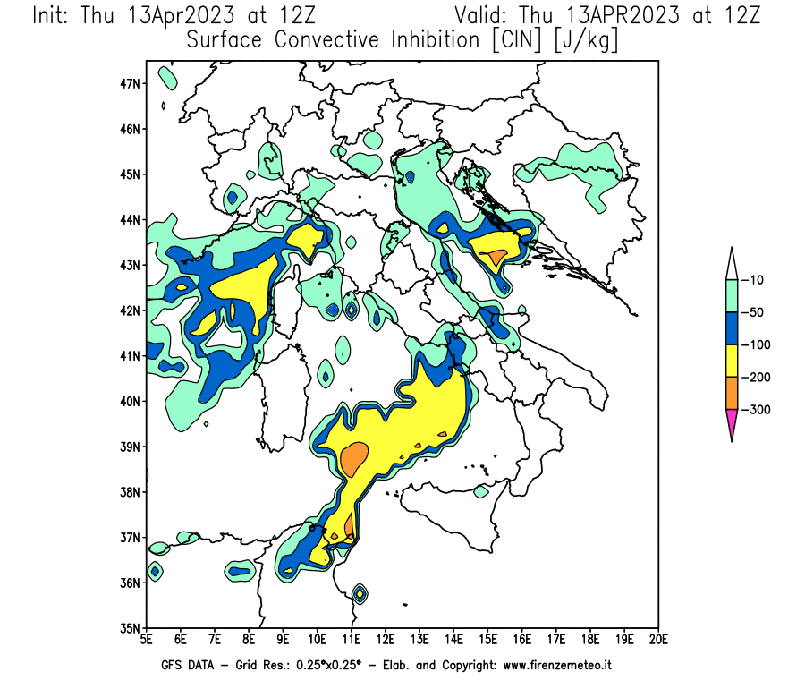 Mappa di analisi GFS - CIN [J/kg] in Italia
							del 13/04/2023 12 <!--googleoff: index-->UTC<!--googleon: index-->