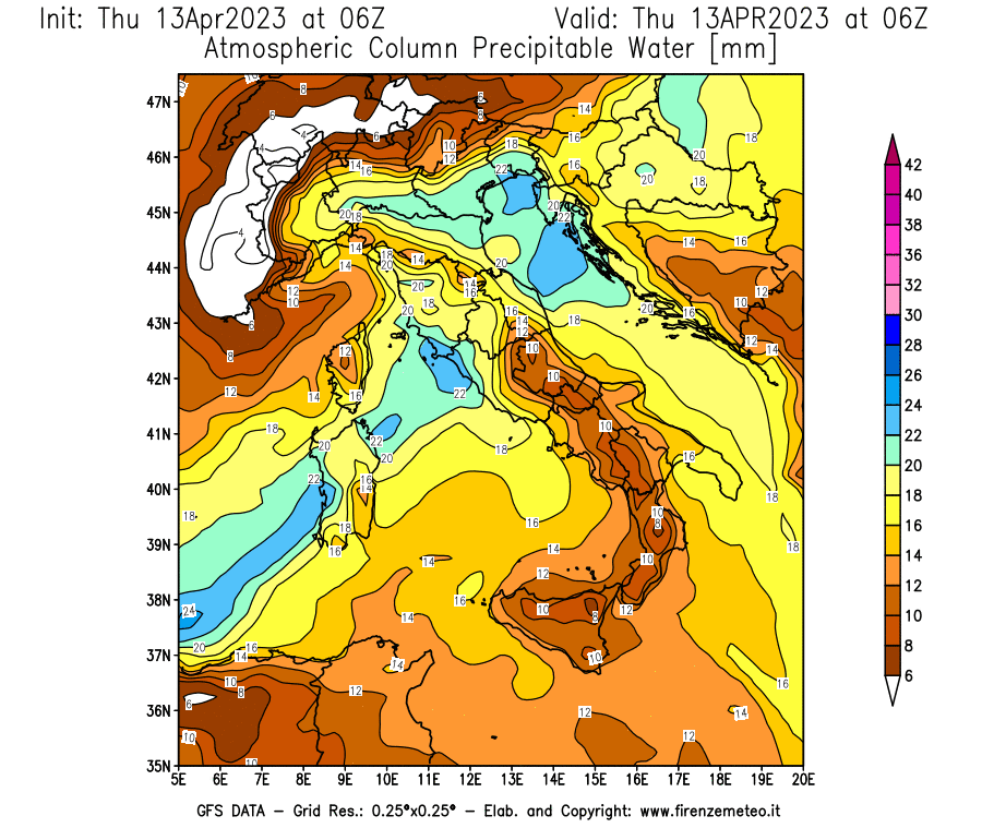 Mappa di analisi GFS - Precipitable Water [mm] in Italia
							del 13/04/2023 06 <!--googleoff: index-->UTC<!--googleon: index-->