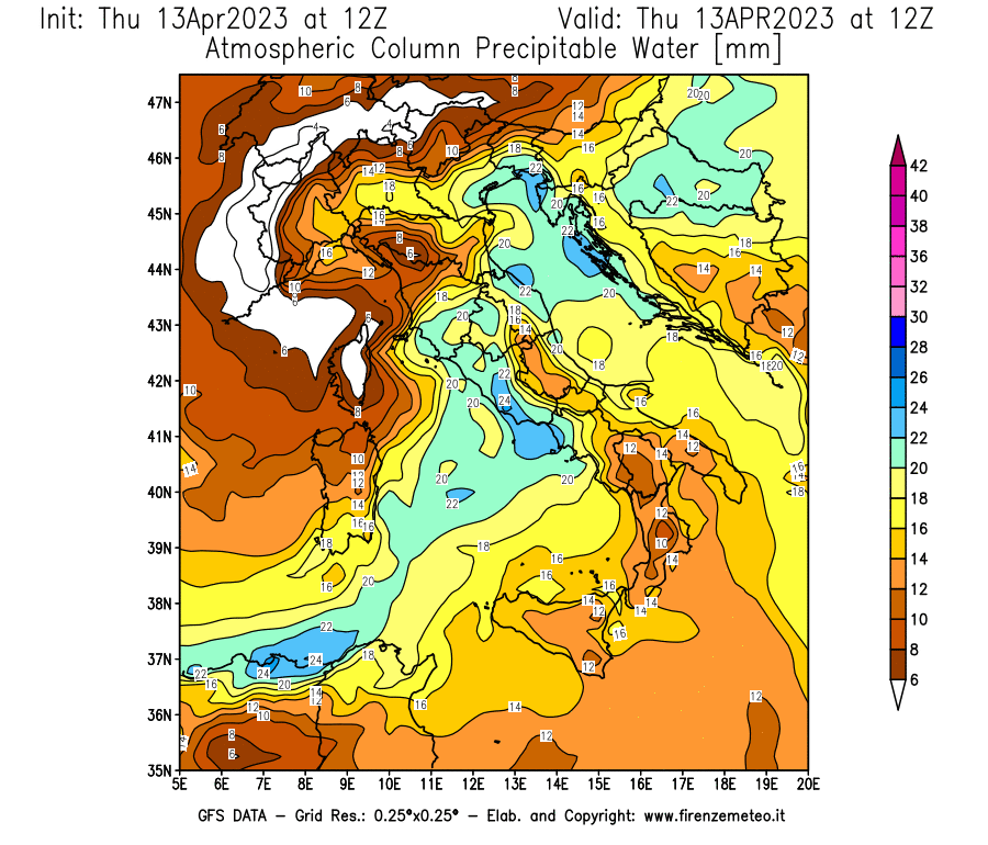 Mappa di analisi GFS - Precipitable Water [mm] in Italia
							del 13/04/2023 12 <!--googleoff: index-->UTC<!--googleon: index-->