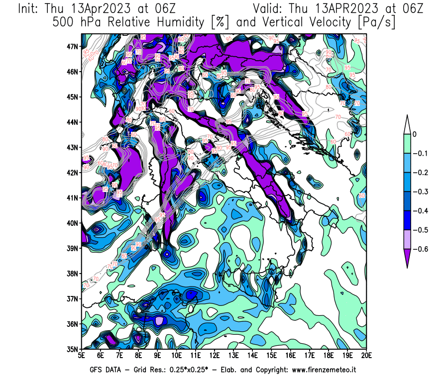 Mappa di analisi GFS - Umidità relativa [%] e Omega [Pa/s] a 500 hPa in Italia
							del 13/04/2023 06 <!--googleoff: index-->UTC<!--googleon: index-->