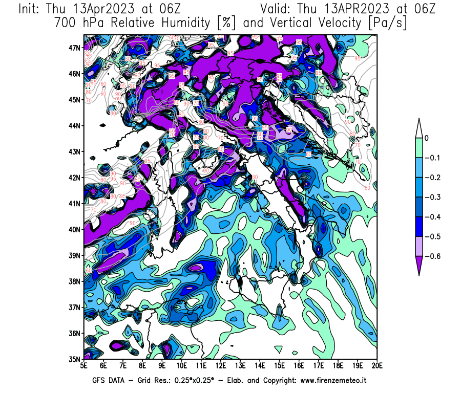 Mappa di analisi GFS - Umidità relativa [%] e Omega [Pa/s] a 700 hPa in Italia
							del 13/04/2023 06 <!--googleoff: index-->UTC<!--googleon: index-->