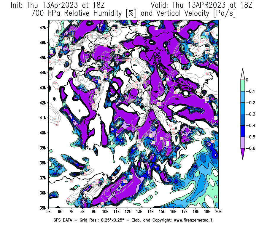 Mappa di analisi GFS - Umidità relativa [%] e Omega [Pa/s] a 700 hPa in Italia
							del 13/04/2023 18 <!--googleoff: index-->UTC<!--googleon: index-->