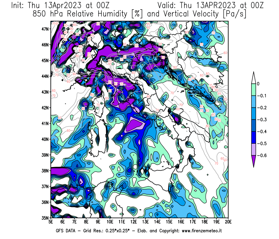 Mappa di analisi GFS - Umidità relativa [%] e Omega [Pa/s] a 850 hPa in Italia
							del 13/04/2023 00 <!--googleoff: index-->UTC<!--googleon: index-->