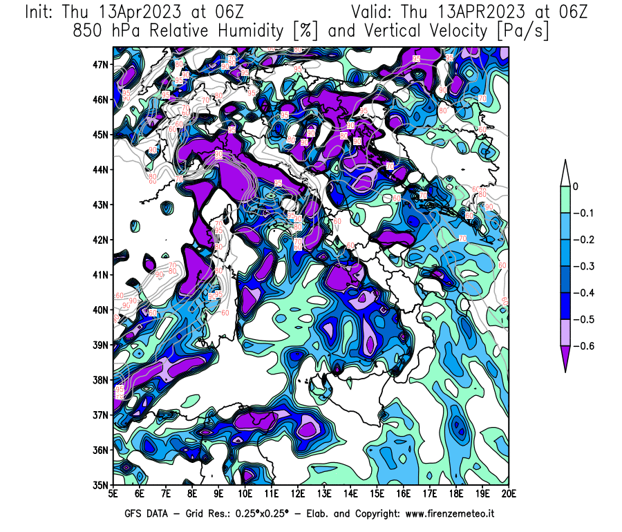 Mappa di analisi GFS - Umidità relativa [%] e Omega [Pa/s] a 850 hPa in Italia
							del 13/04/2023 06 <!--googleoff: index-->UTC<!--googleon: index-->