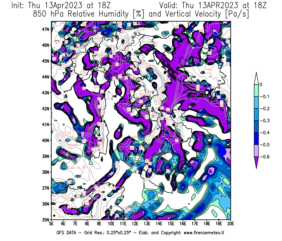 Mappa di analisi GFS - Umidità relativa [%] e Omega [Pa/s] a 850 hPa in Italia
							del 13/04/2023 18 <!--googleoff: index-->UTC<!--googleon: index-->