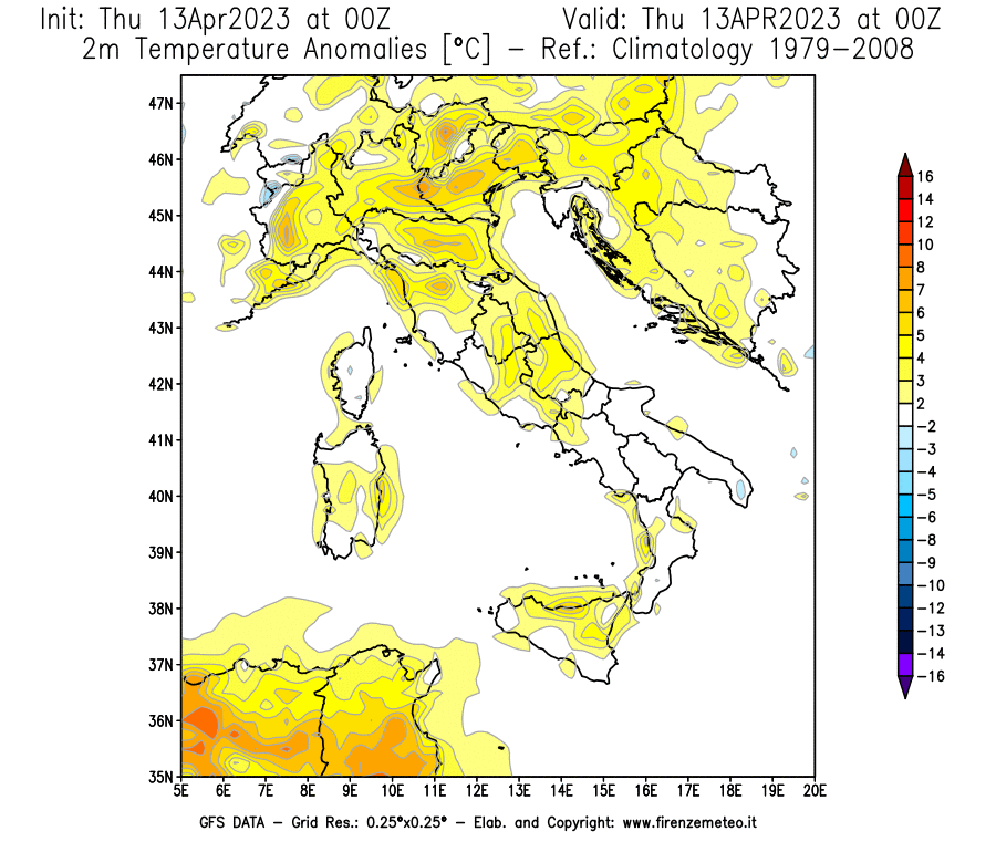GFS analysi map - Temperature Anomalies [°C] at 2 m in Italy
									on 13/04/2023 00 <!--googleoff: index-->UTC<!--googleon: index-->
