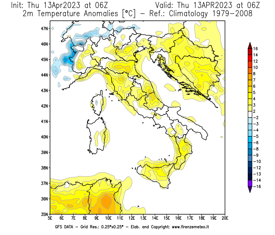 Mappa di analisi GFS - Anomalia Temperatura [°C] a 2 m in Italia
							del 13/04/2023 06 <!--googleoff: index-->UTC<!--googleon: index-->