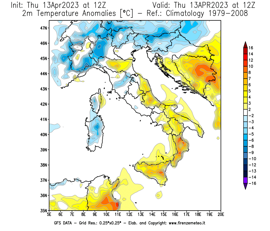 Mappa di analisi GFS - Anomalia Temperatura [°C] a 2 m in Italia
							del 13/04/2023 12 <!--googleoff: index-->UTC<!--googleon: index-->