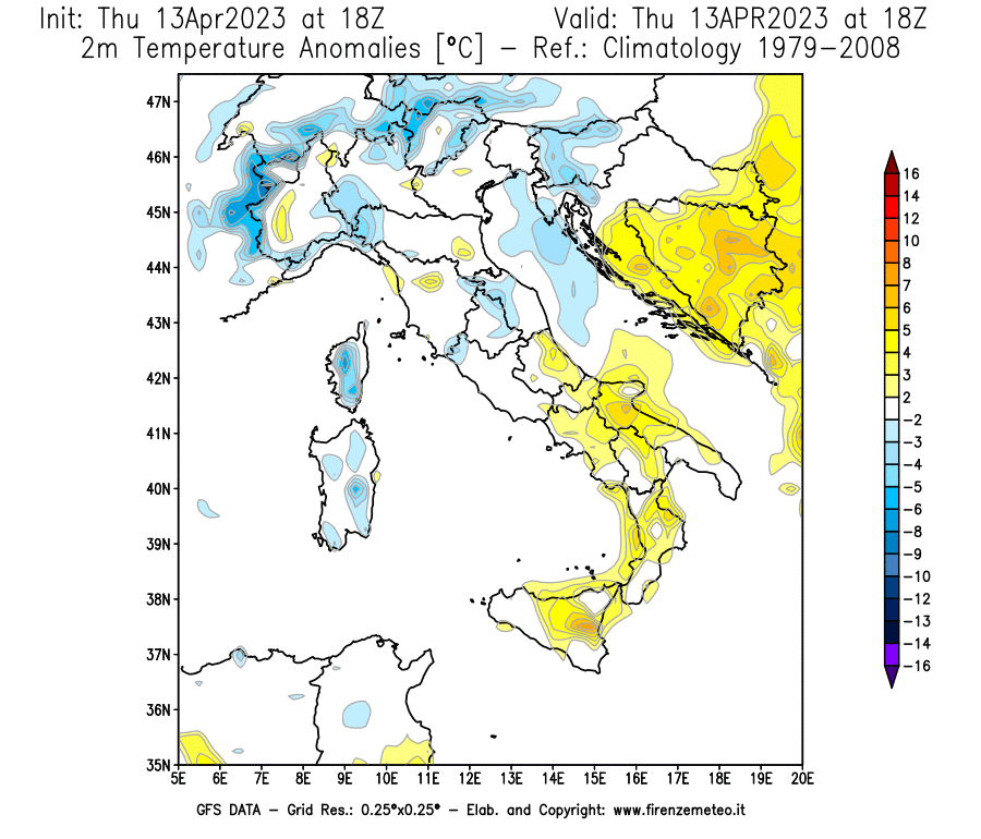 Mappa di analisi GFS - Anomalia Temperatura [°C] a 2 m in Italia
							del 13/04/2023 18 <!--googleoff: index-->UTC<!--googleon: index-->