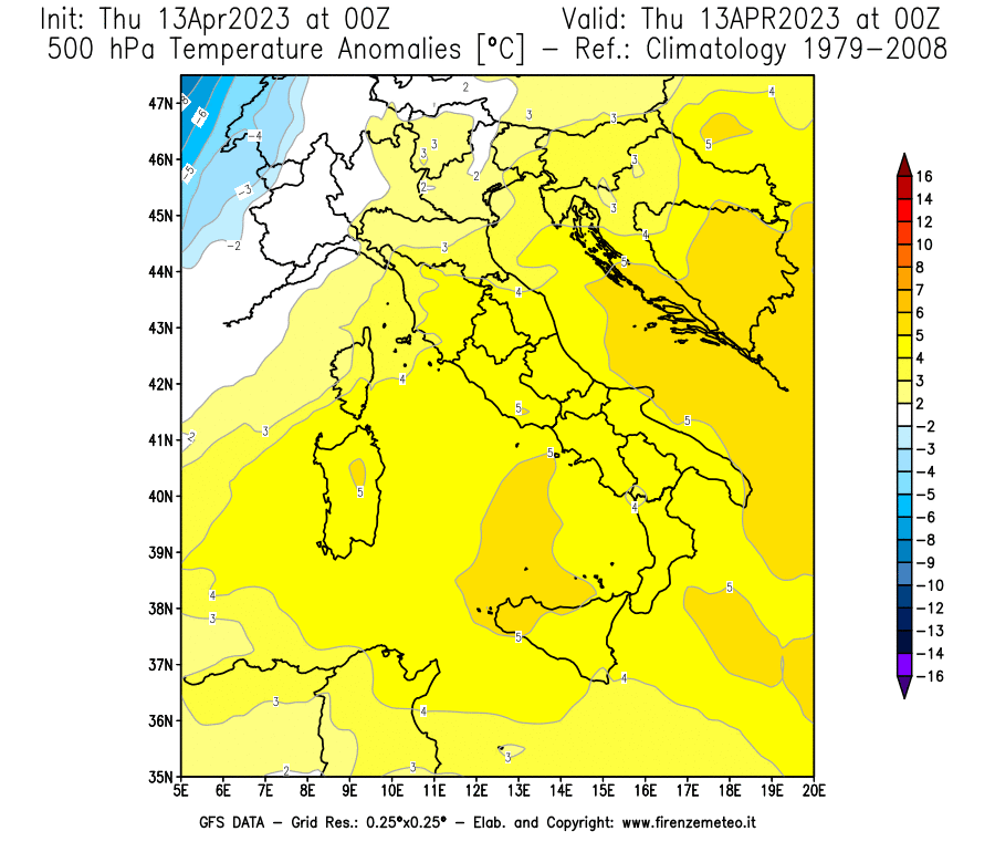 Mappa di analisi GFS - Anomalia Temperatura [°C] a 500 hPa in Italia
							del 13/04/2023 00 <!--googleoff: index-->UTC<!--googleon: index-->