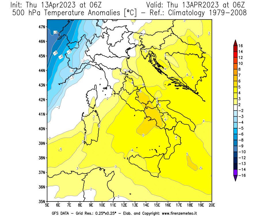 Mappa di analisi GFS - Anomalia Temperatura [°C] a 500 hPa in Italia
							del 13/04/2023 06 <!--googleoff: index-->UTC<!--googleon: index-->