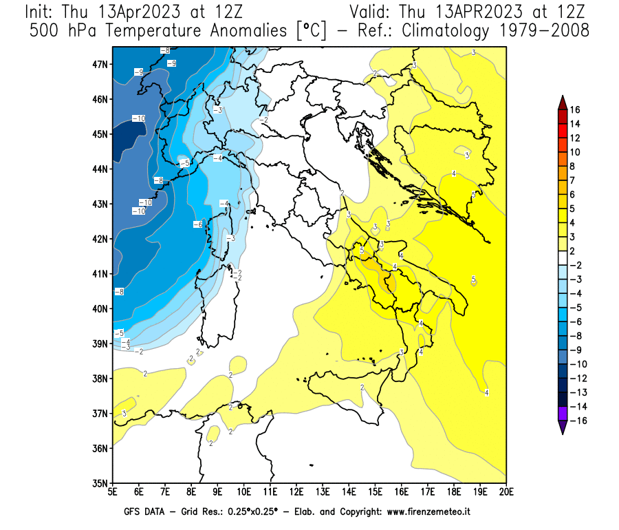 Mappa di analisi GFS - Anomalia Temperatura [°C] a 500 hPa in Italia
							del 13/04/2023 12 <!--googleoff: index-->UTC<!--googleon: index-->