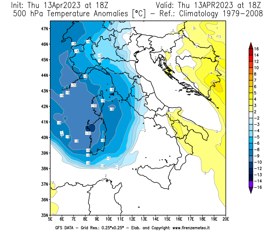 Mappa di analisi GFS - Anomalia Temperatura [°C] a 500 hPa in Italia
							del 13/04/2023 18 <!--googleoff: index-->UTC<!--googleon: index-->