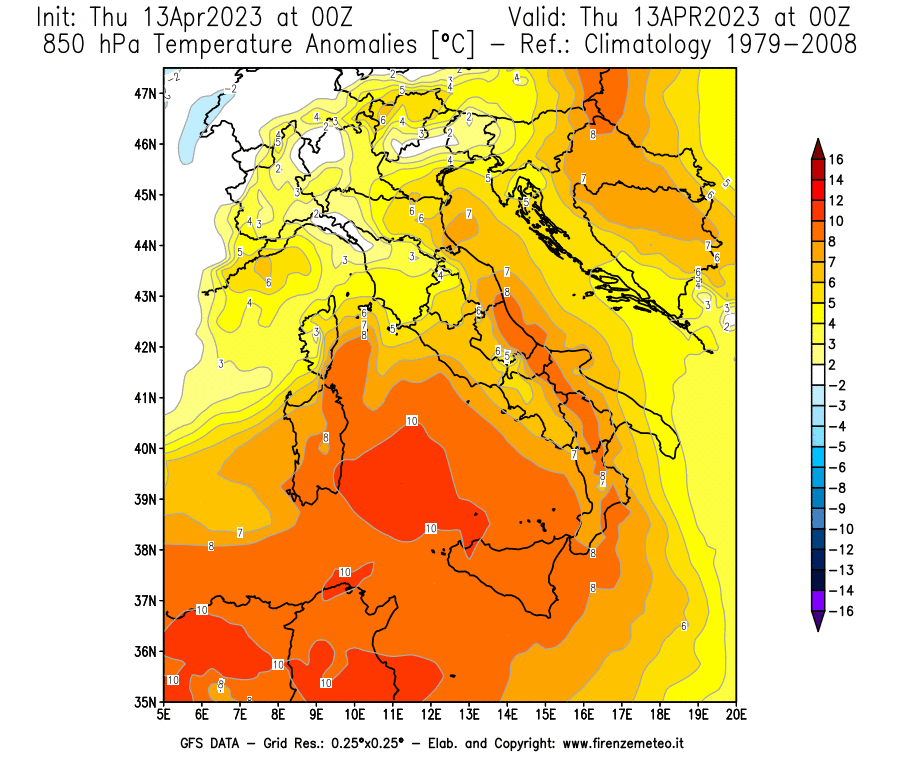Mappa di analisi GFS - Anomalia Temperatura [°C] a 850 hPa in Italia
							del 13/04/2023 00 <!--googleoff: index-->UTC<!--googleon: index-->