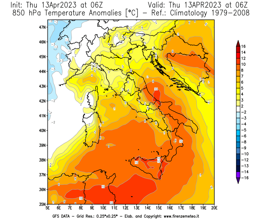 Mappa di analisi GFS - Anomalia Temperatura [°C] a 850 hPa in Italia
							del 13/04/2023 06 <!--googleoff: index-->UTC<!--googleon: index-->