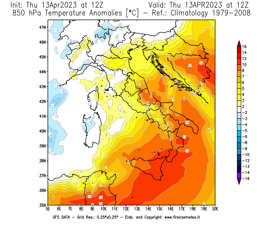 Mappa di analisi GFS - Anomalia Temperatura [°C] a 850 hPa in Italia
							del 13/04/2023 12 <!--googleoff: index-->UTC<!--googleon: index-->