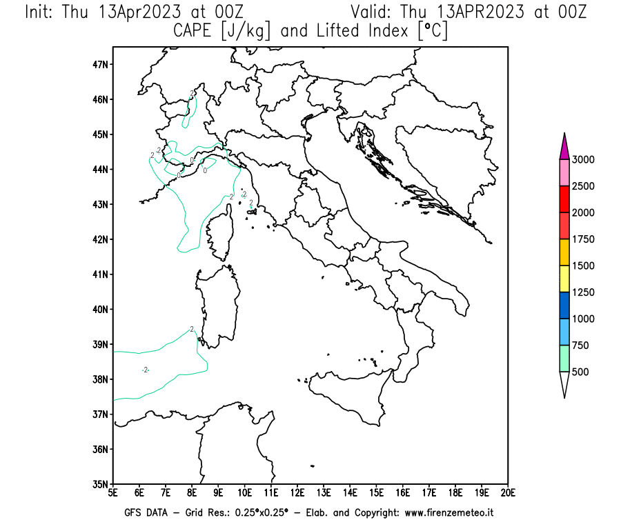 GFS analysi map - CAPE [J/kg] and Lifted Index [°C] in Italy
									on 13/04/2023 00 <!--googleoff: index-->UTC<!--googleon: index-->