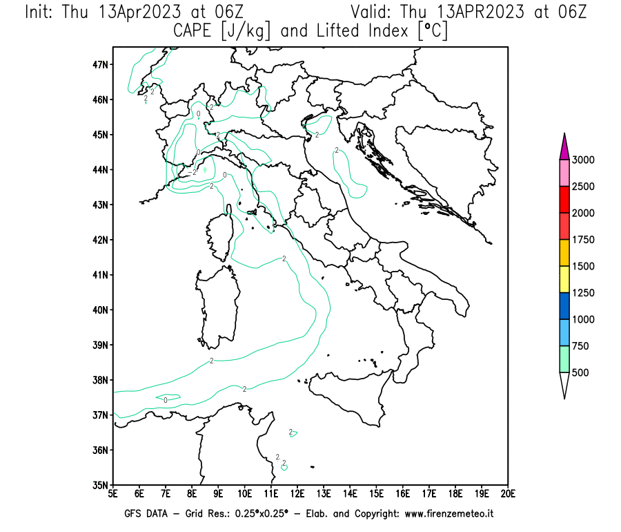 Mappa di analisi GFS - CAPE [J/kg] e Lifted Index [°C] in Italia
							del 13/04/2023 06 <!--googleoff: index-->UTC<!--googleon: index-->