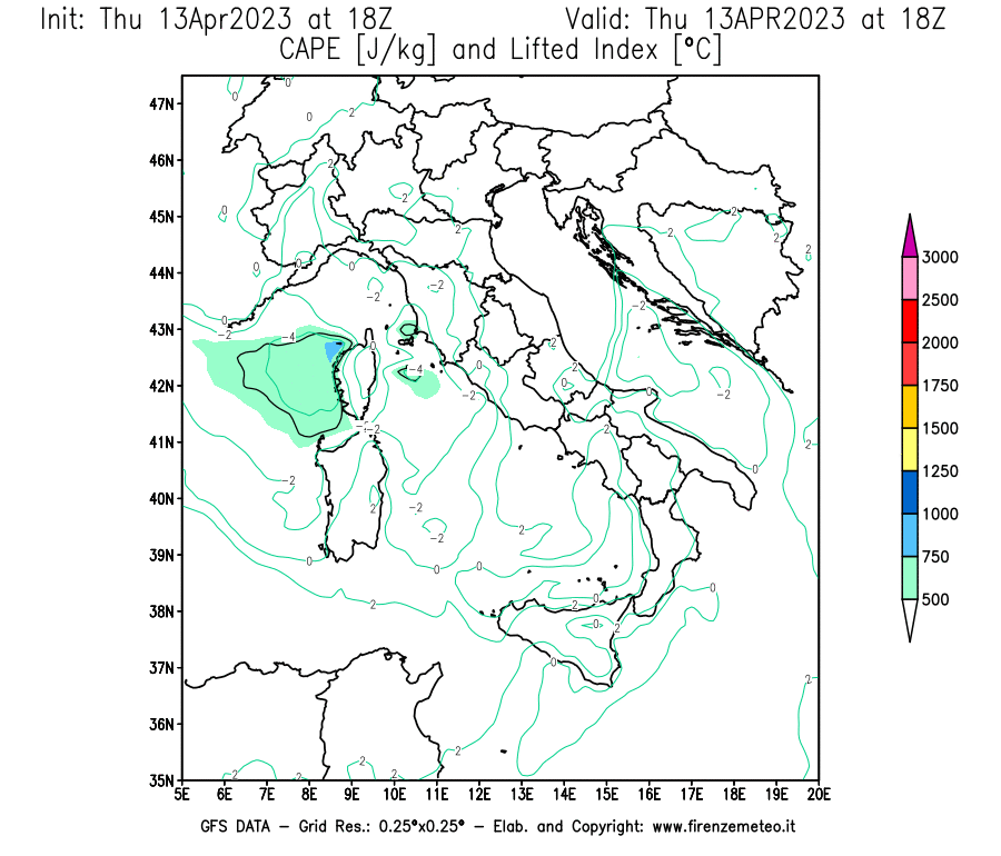 Mappa di analisi GFS - CAPE [J/kg] e Lifted Index [°C] in Italia
							del 13/04/2023 18 <!--googleoff: index-->UTC<!--googleon: index-->