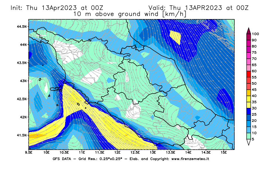 Mappa di analisi GFS - Velocità del vento a 10 metri dal suolo [km/h] in Centro-Italia
							del 13/04/2023 00 <!--googleoff: index-->UTC<!--googleon: index-->