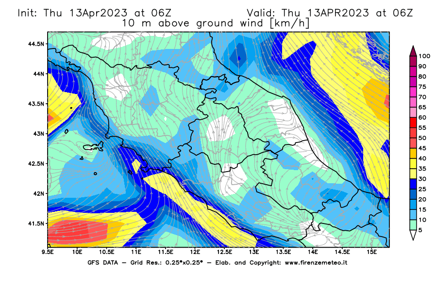 GFS analysi map - Wind Speed at 10 m above ground [km/h] in Central Italy
									on 13/04/2023 06 <!--googleoff: index-->UTC<!--googleon: index-->